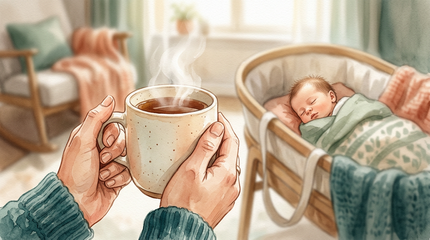 A close-up shot of a new parent's hands gently wrapped around a warm mug, with a sleeping baby blurred in the background.