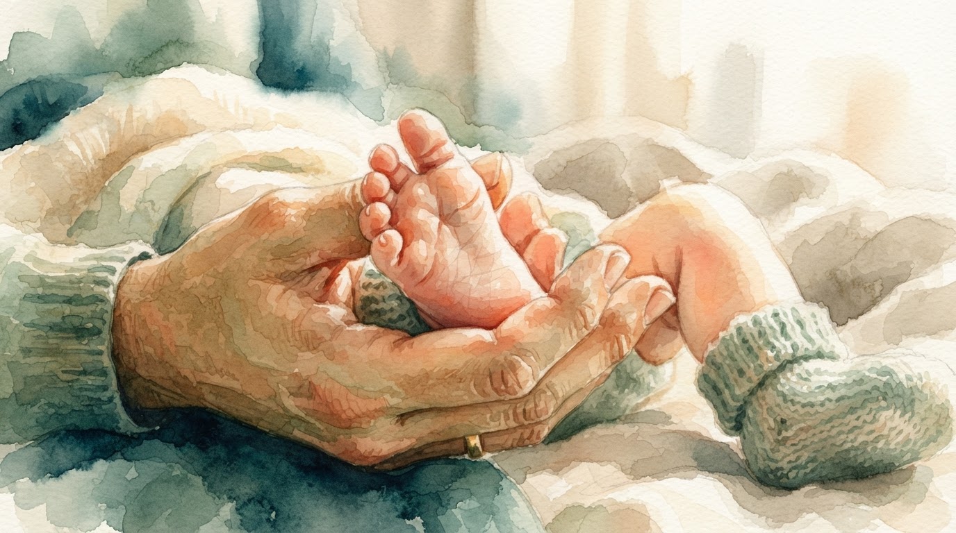 A close-up shot of a new parent's hand gently holding their baby's foot