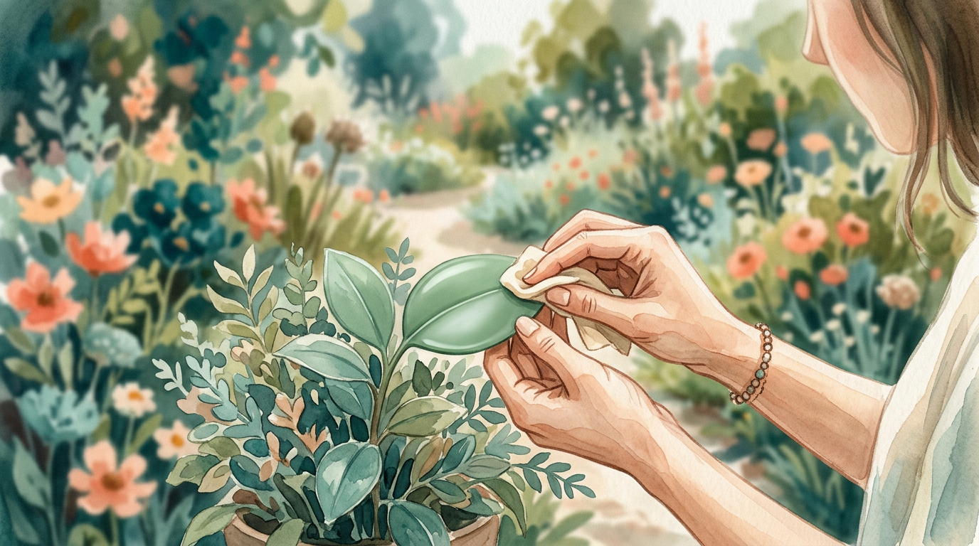A person polishing a single perfect leaf, while ignoring a beautiful, thriving garden behind them.