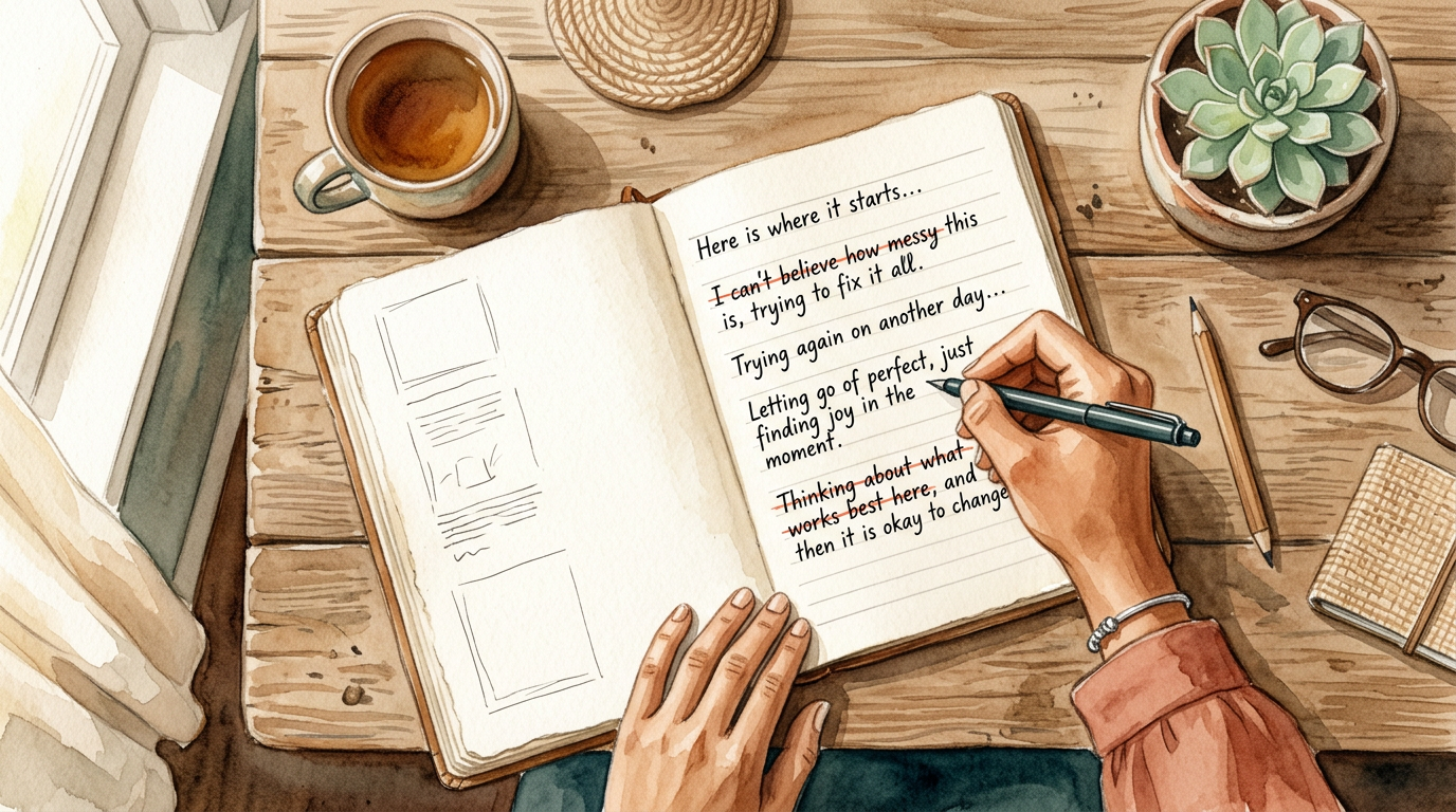 A person smiling while writing in a journal with crossed-out, imperfect words.