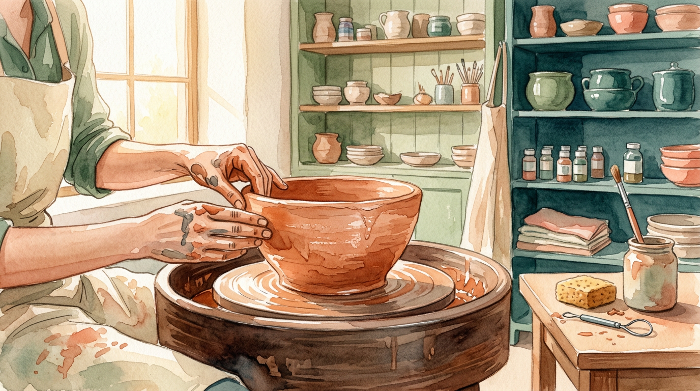 Unfinished pottery on a wheel in warm sunlight, terracotta watercolor