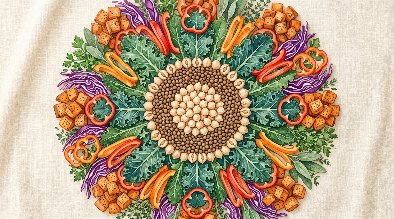 A vibrant flat-lay of plant-based foods arranged in a circle