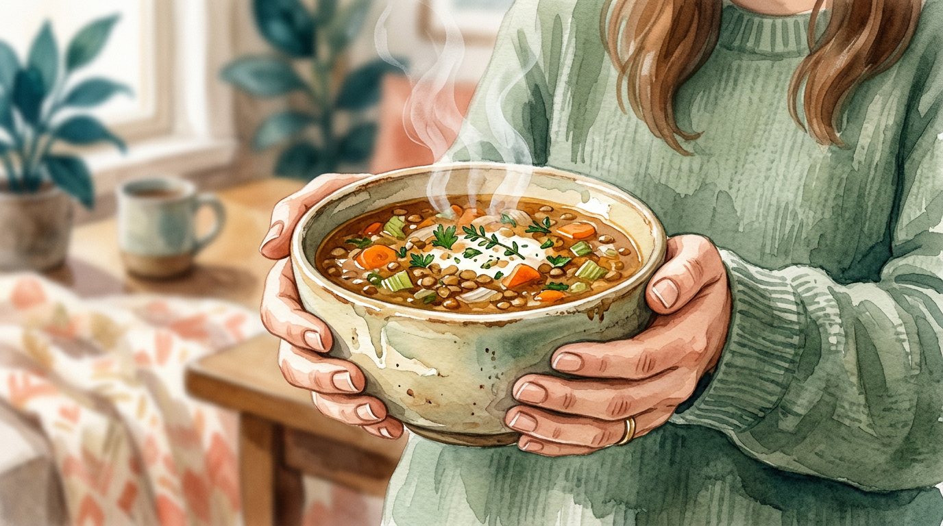 A person's hands holding a warm bowl of lentil soup