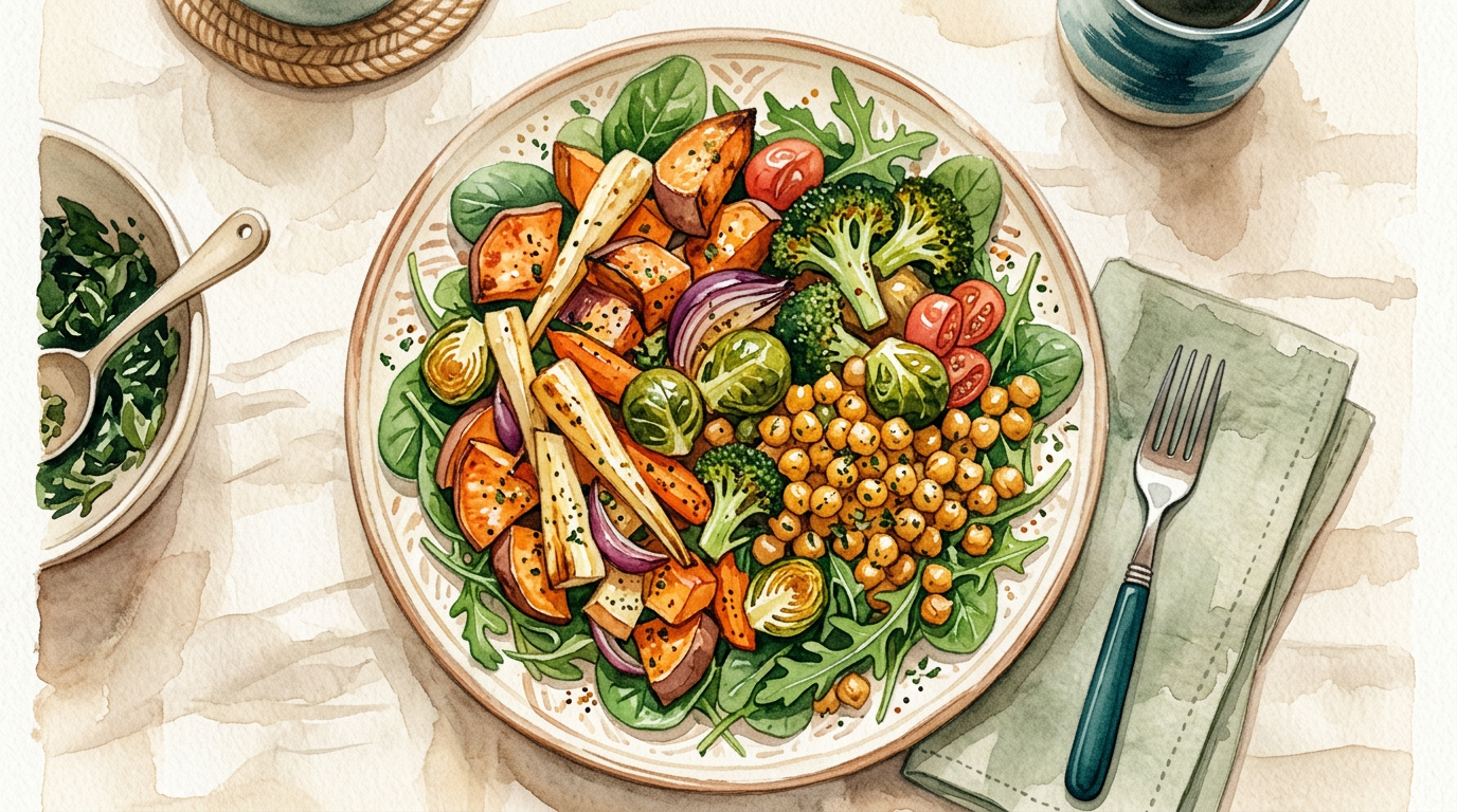 Overhead plate of colorful roasted vegetables, chickpeas and greens, warm watercolor