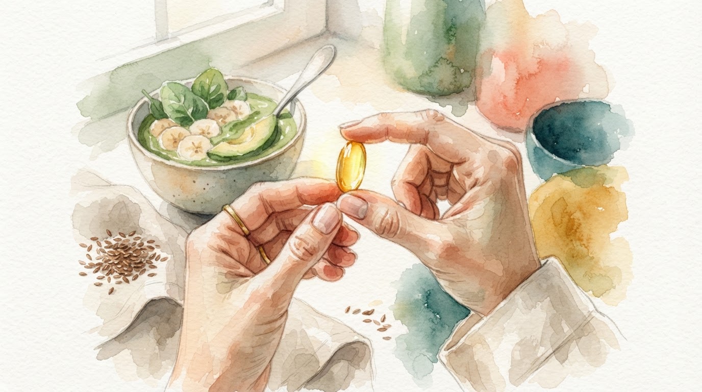 A close-up of a person's hands holding a capsule of algae-based omega-3