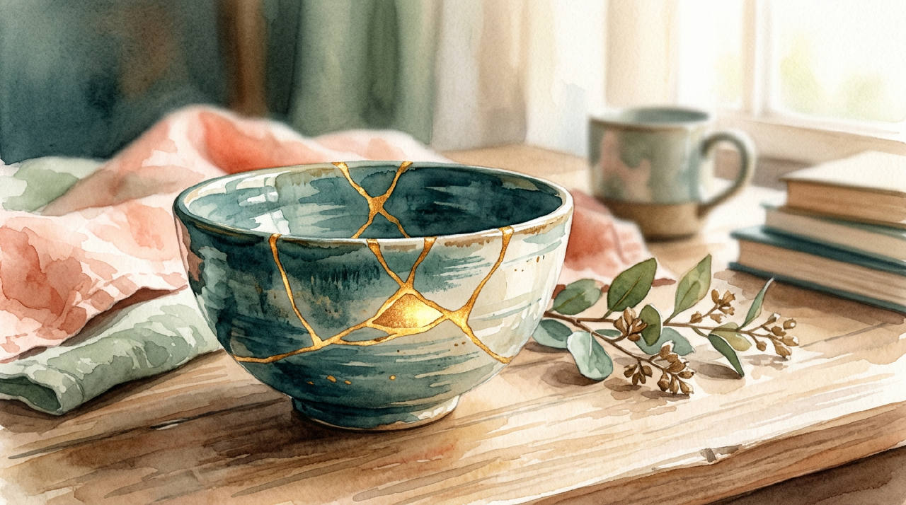 A kintsugi bowl, where the cracks are filled with gold, sitting on a simple wooden table with soft light.