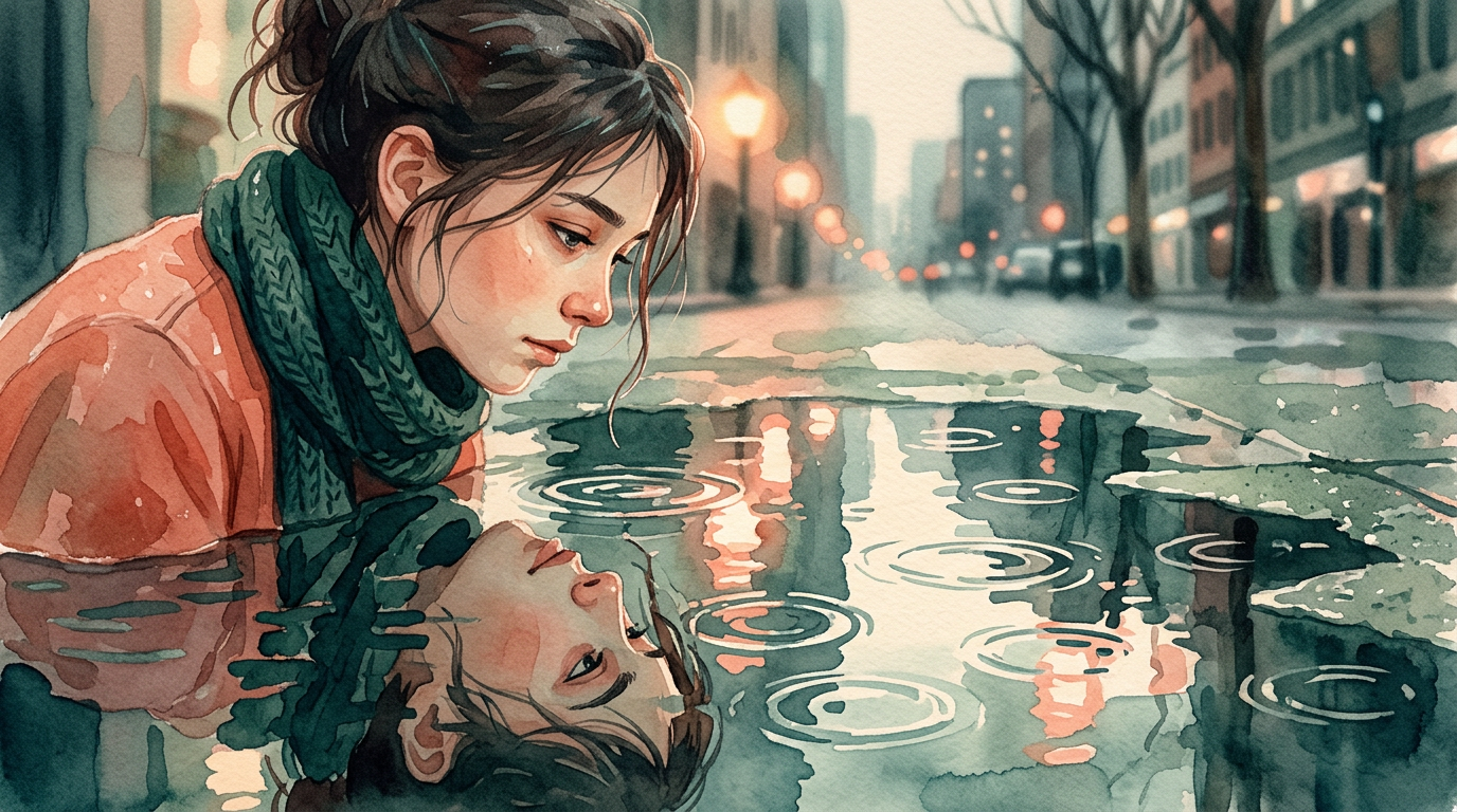 A person looking at their fragmented reflection in a puddle