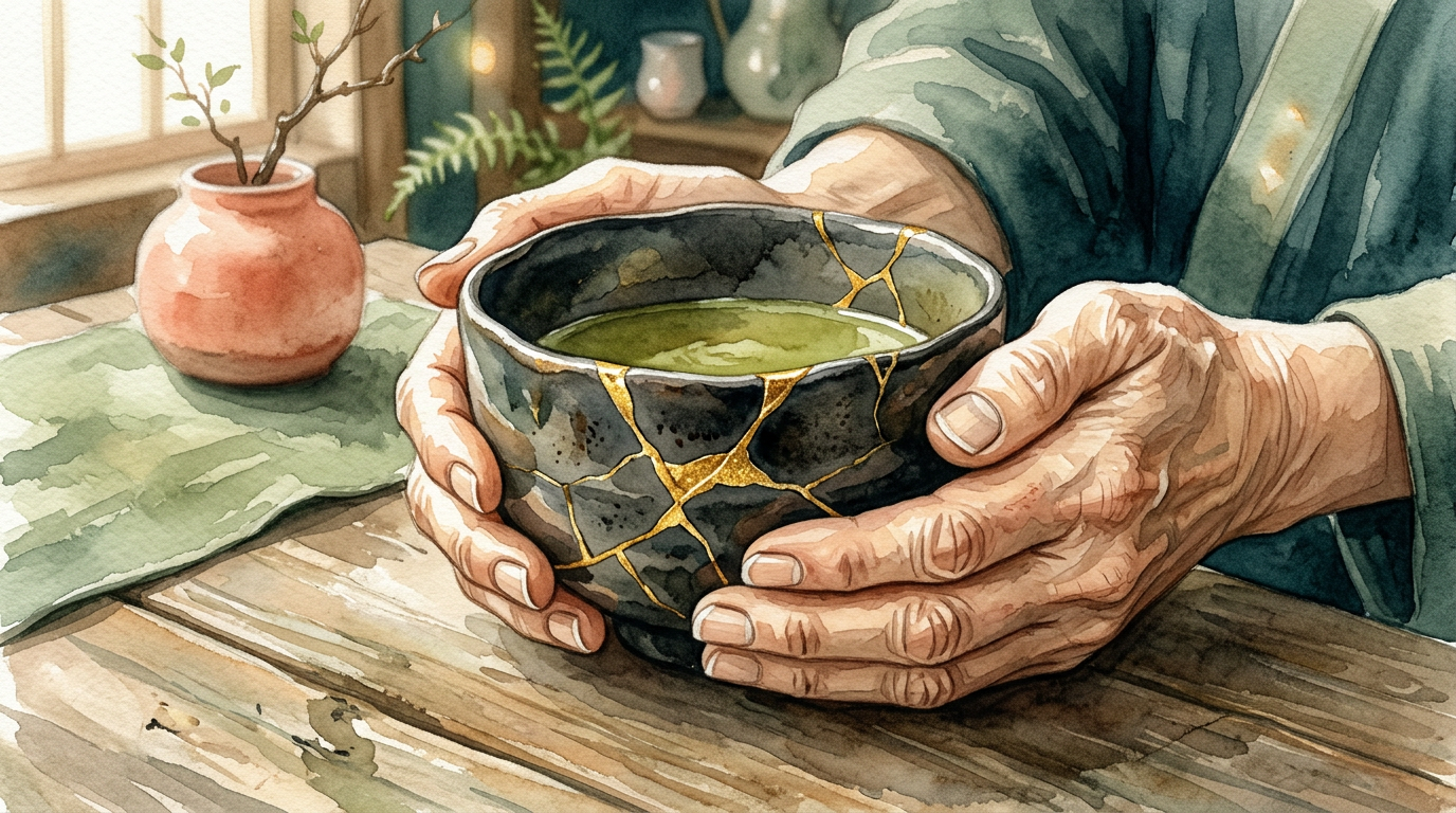 Two hands gently holding a cracked ceramic bowl