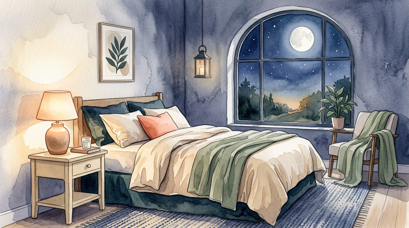 Minimalist moonlit bedroom with soft linens and warm bedside light, indigo cream watercolor