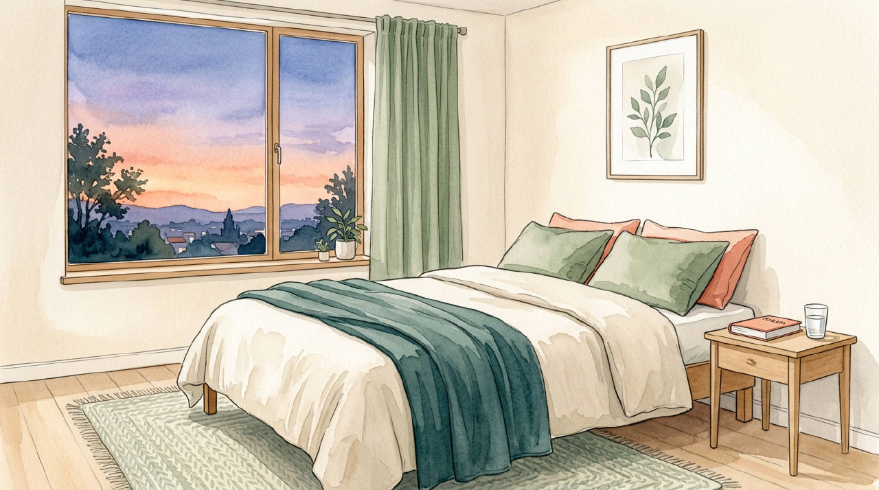 A calm and tidy bedroom at dusk
