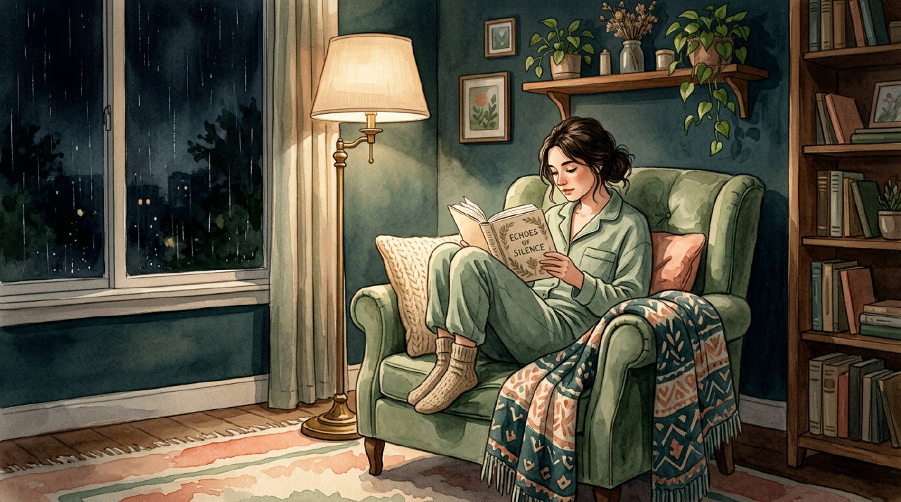 A person sitting in a cozy armchair reading a book at night