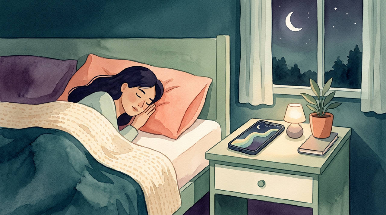 A smartphone on a nightstand showing a gentle sleep graph.