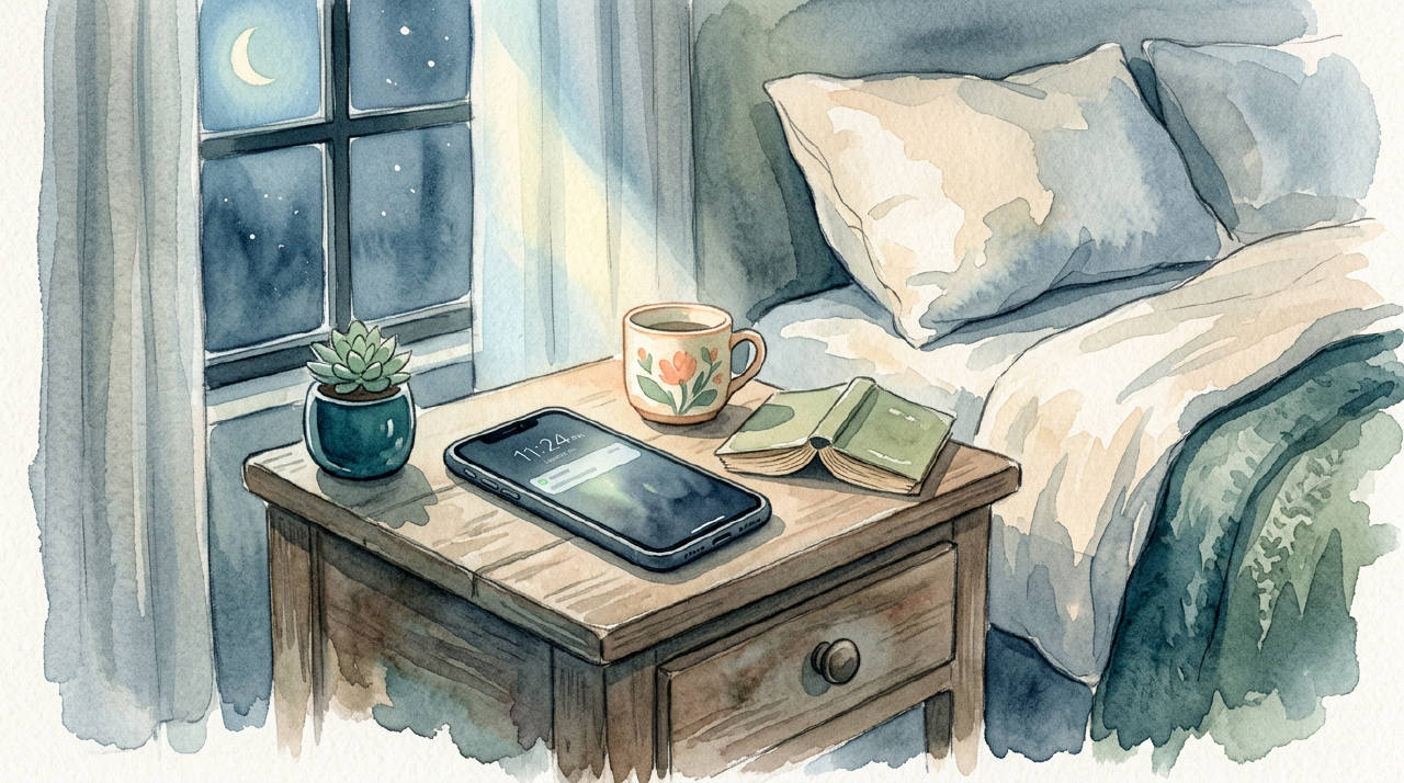Phone on nightstand with soft moonlight, muted blue watercolor