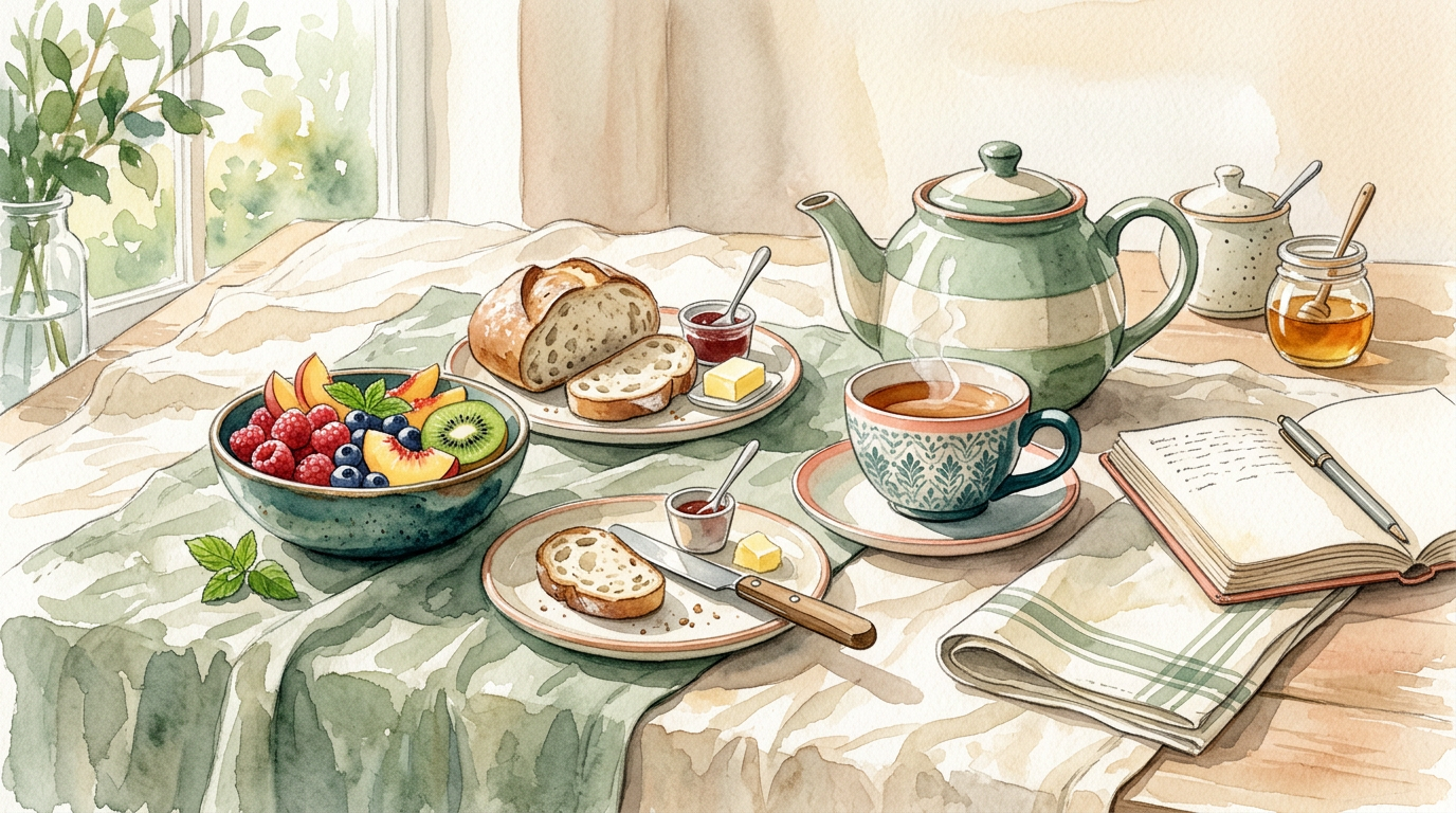 Long slow breakfast on linen with fruit and tea, morning sunlight watercolor