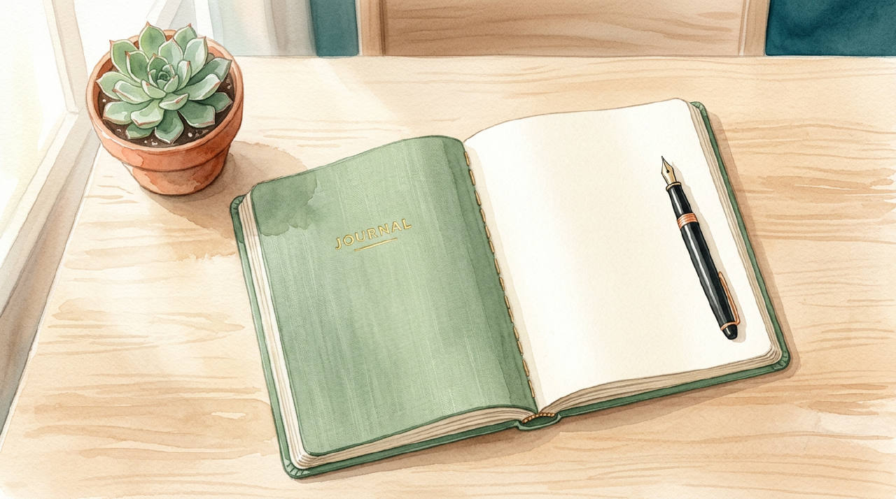 A serene desk with a single notebook, a pen, and a healthy plant, with light streaming in from a window.