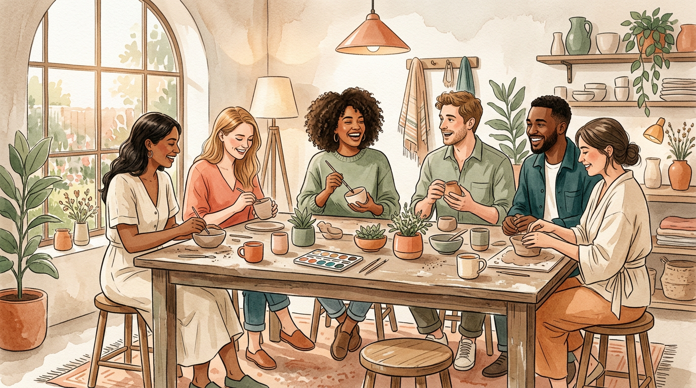 Warm editorial illustration of a small gathering with soft warm lighting, dusty orange and cream watercolor