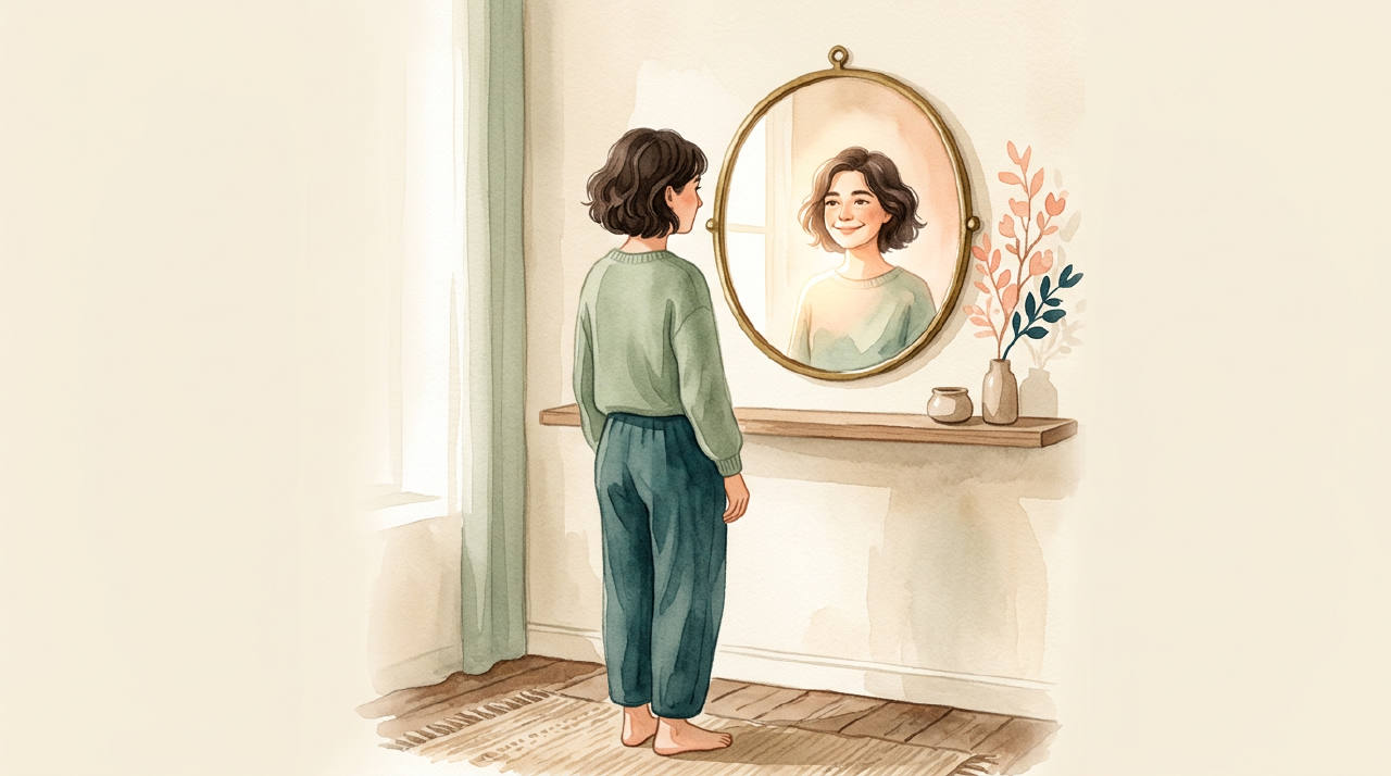A person looking at their reflection, which is smiling back encouragingly