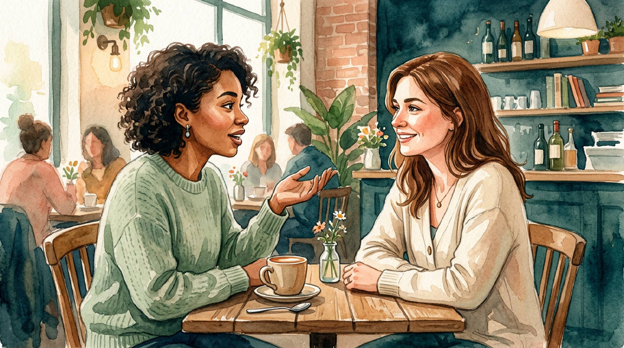 Two people having a comfortable, lighthearted conversation over coffee