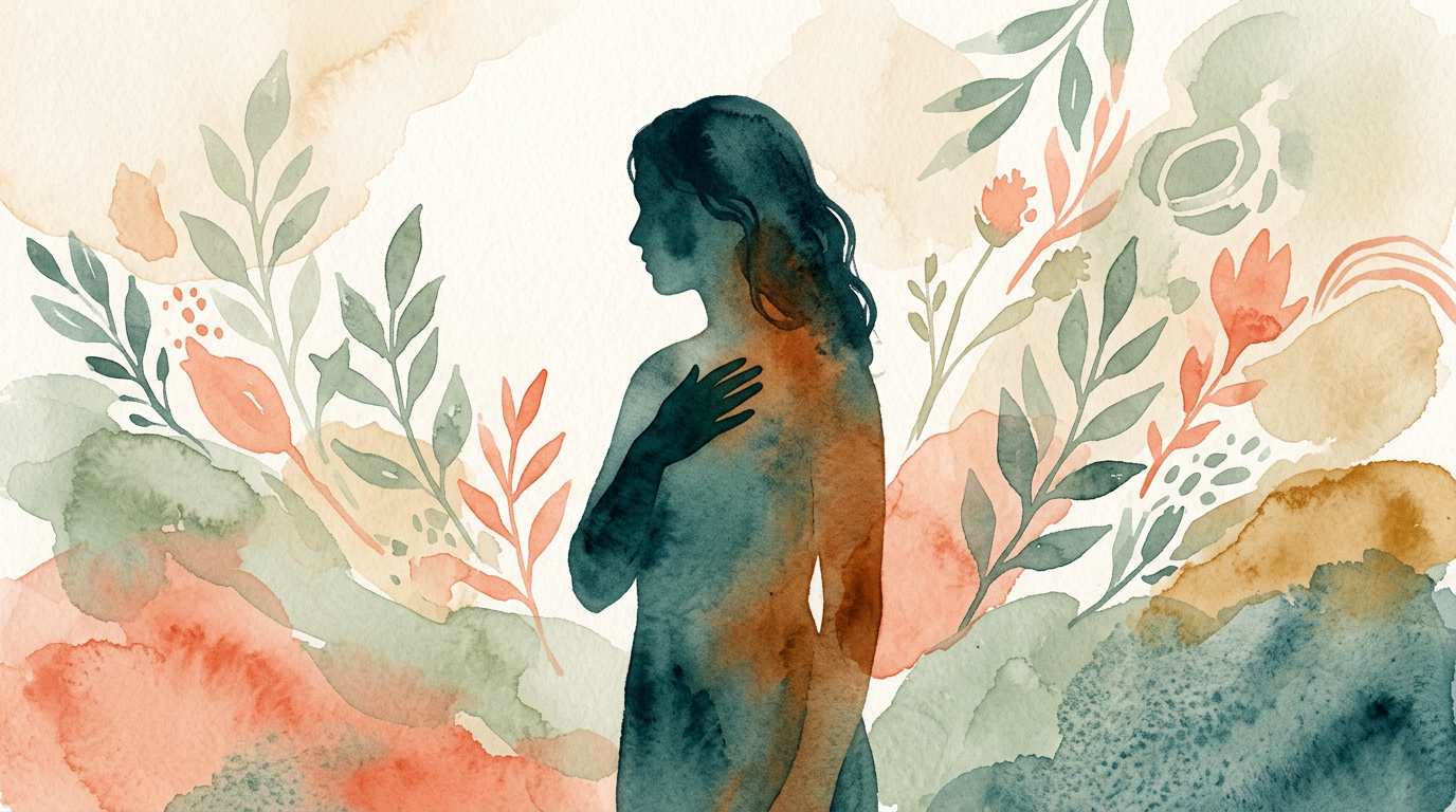 Hand on chest silhouette, soft warm watercolor