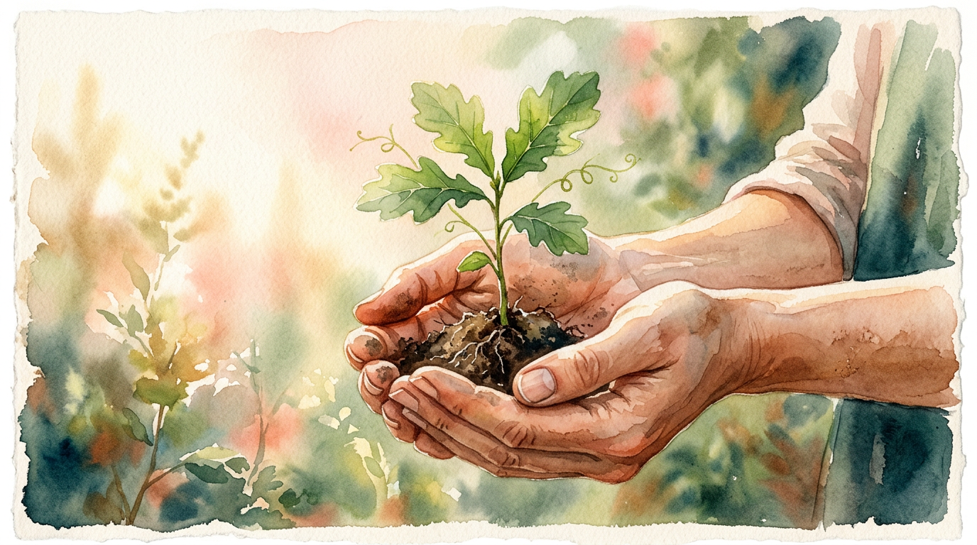 Hand cradling a small green sapling in warm morning light, editorial watercolor