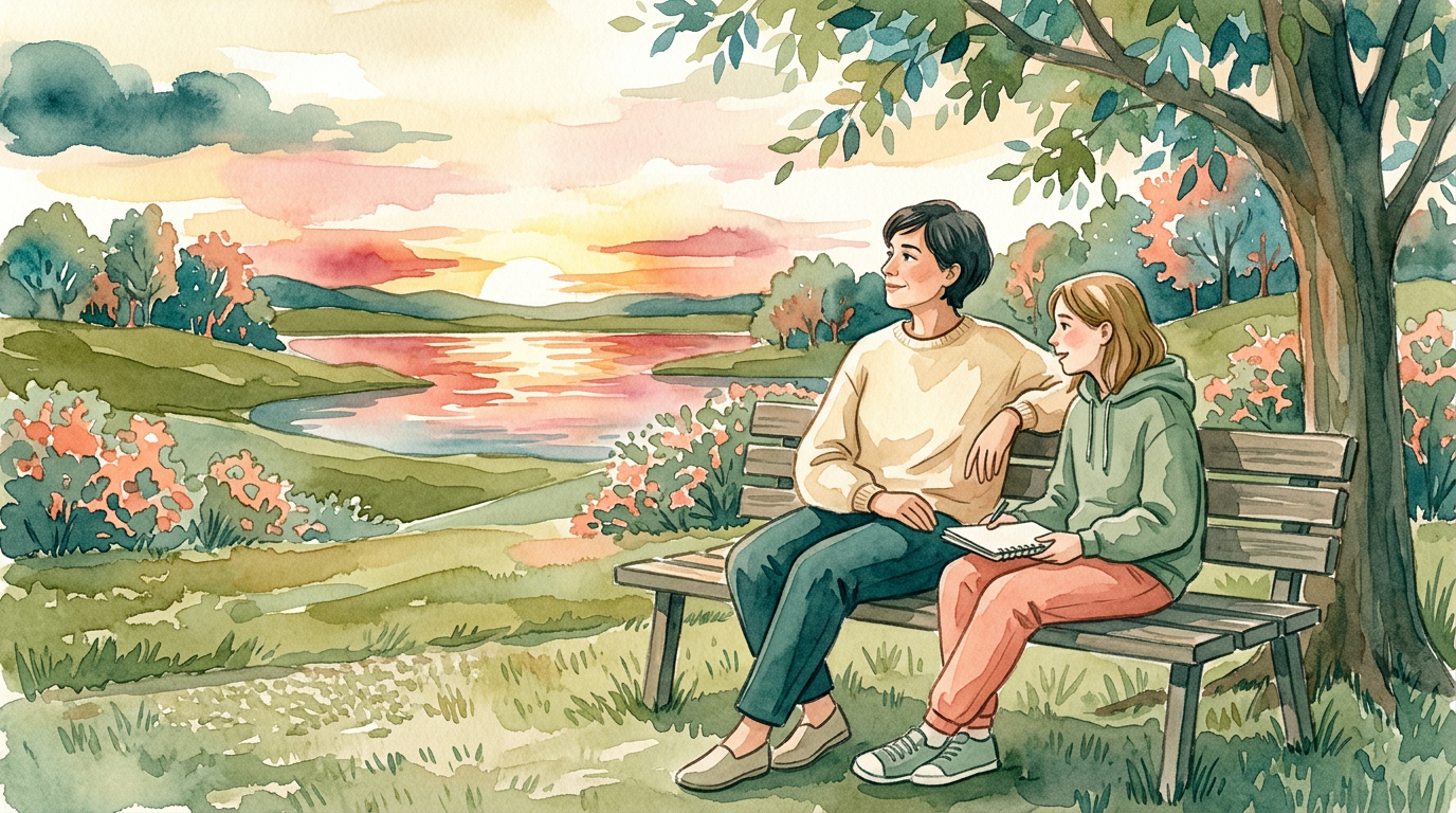 Parent and teen sitting side by side on a bench at sunset, watercolor