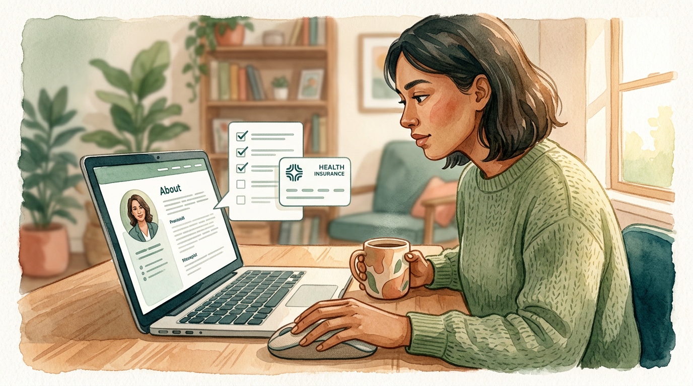 An illustration of a person at a desk, looking at a laptop screen with a therapist's profile, while holding a credit card and a checklist.