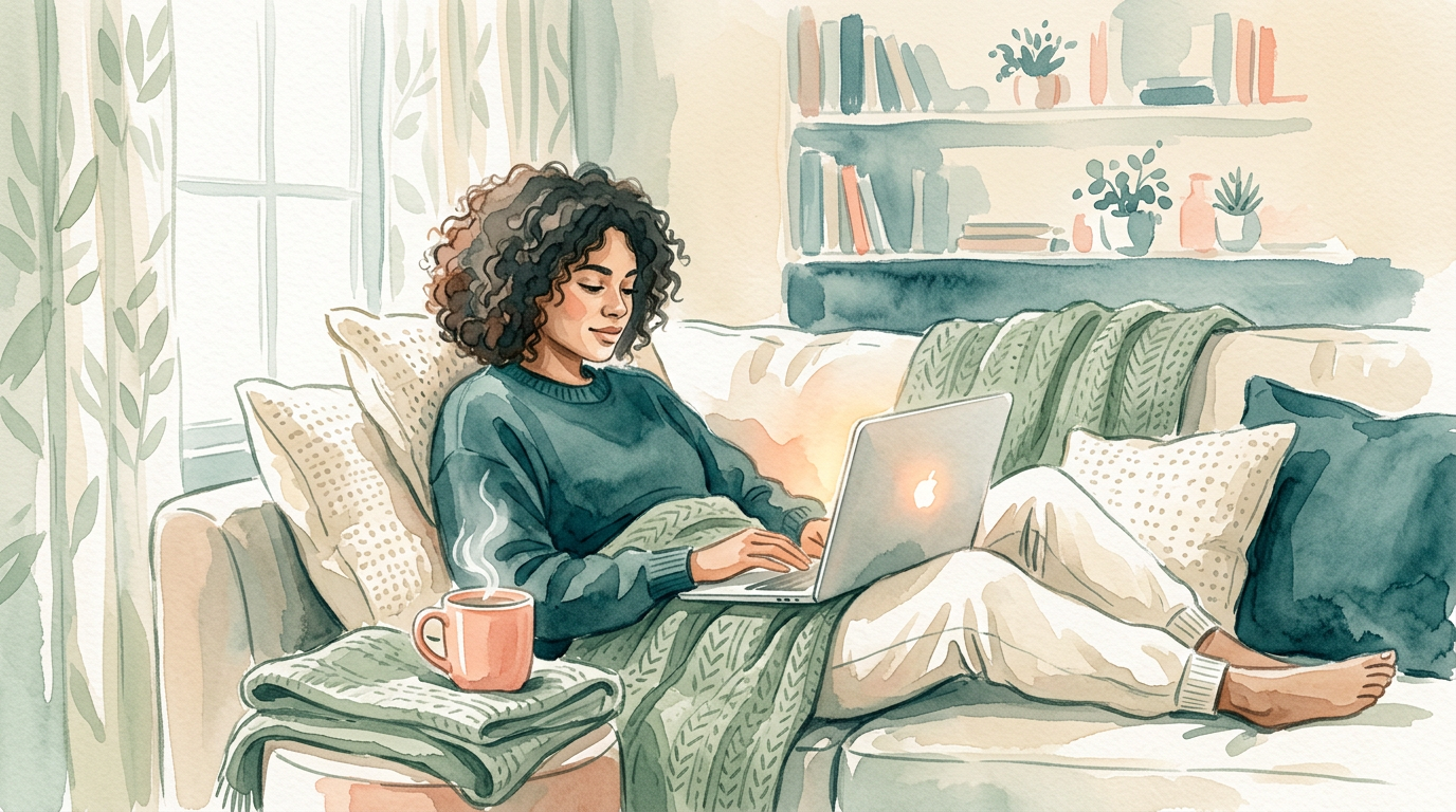 Person on couch with laptop and warm tea in soft light, editorial watercolor
