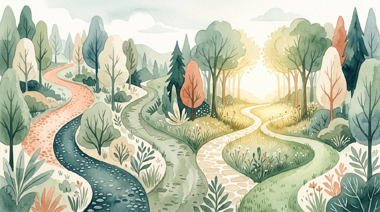 A serene illustration of several different paths converging