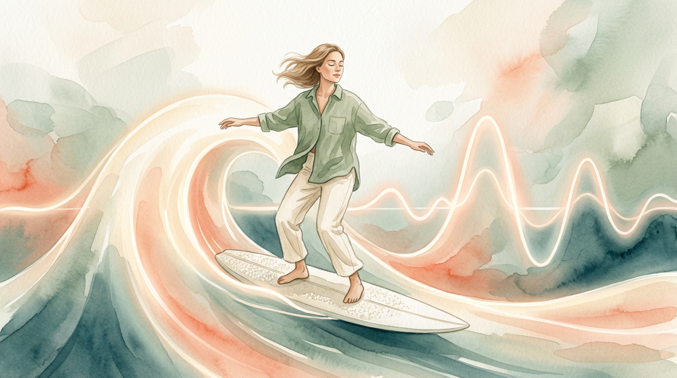 Illustration of a person calmly surfing on a stylized, gentle wave that looks like a brainwave.