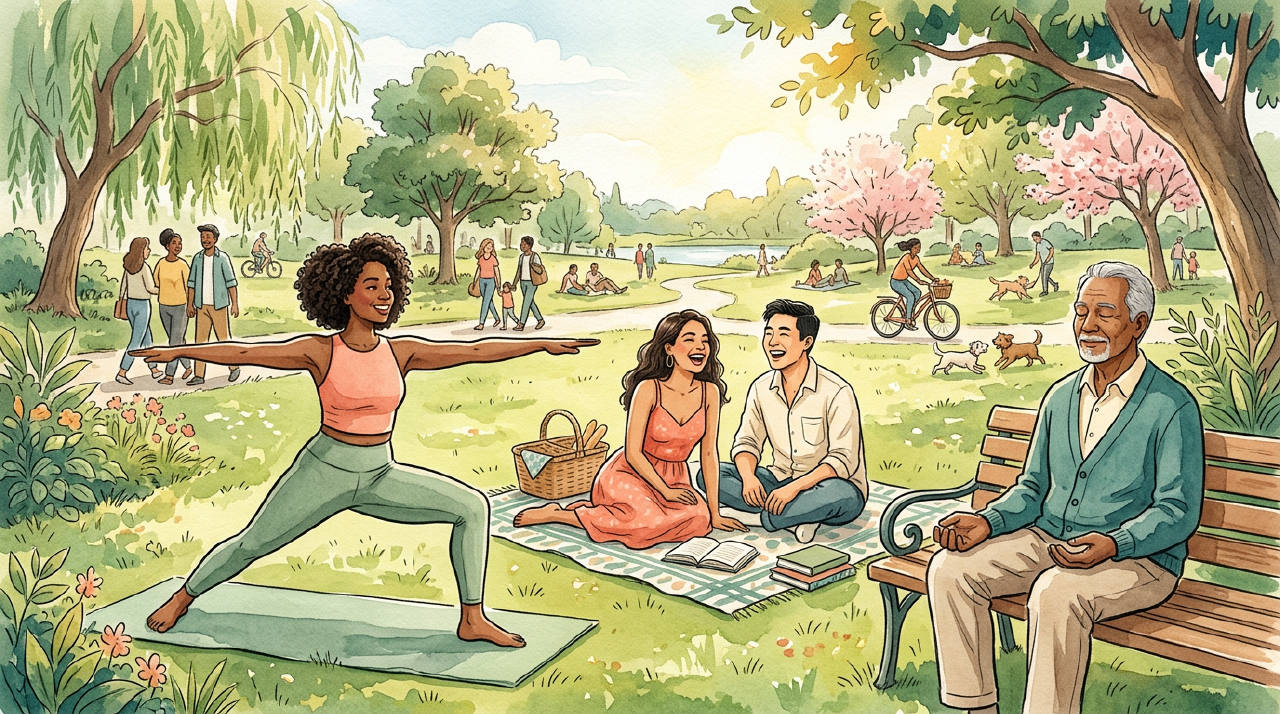 Diverse group of people enjoying wellness activities in a park