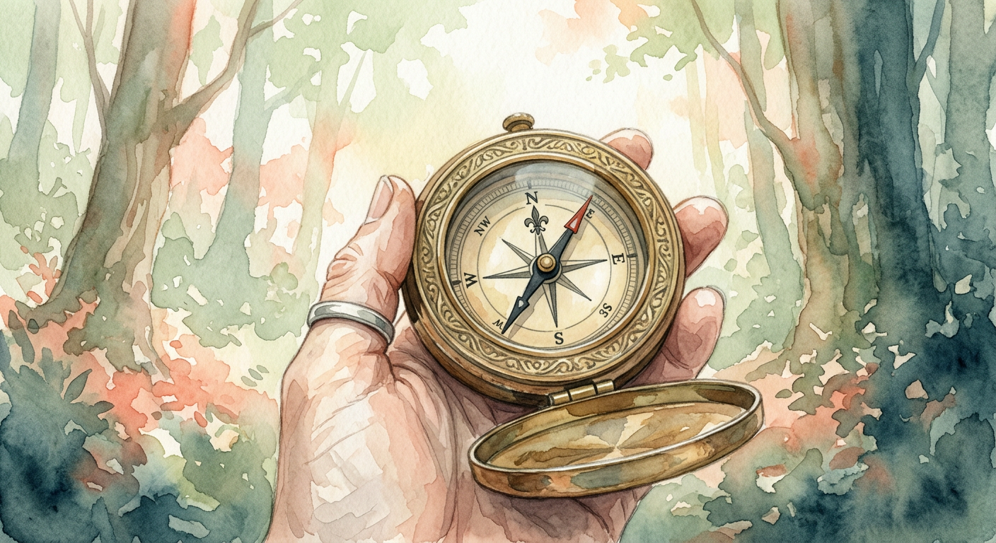 A hand holding an old, ornate brass compass