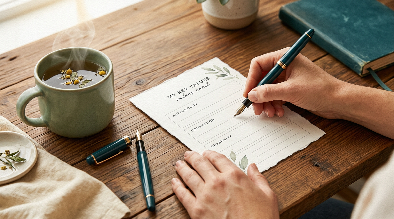 A person's hands holding a partly filled-out values card, with a stylish pen and a warm cup of tea on a wooden table beside them.