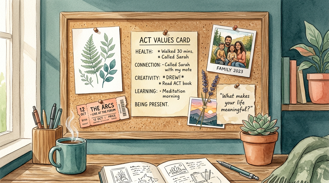 A completed values card pinned to a corkboard, surrounded by other inspiring notes and photos.