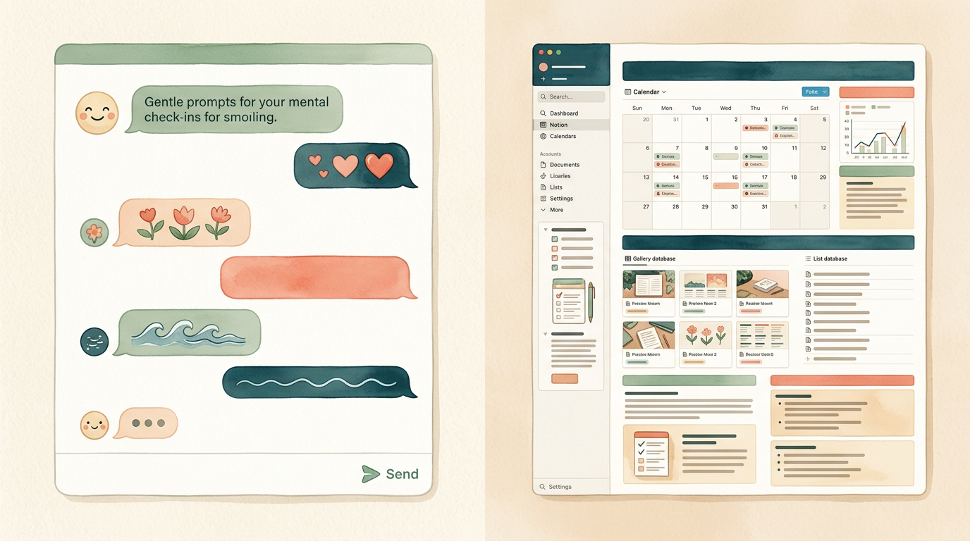 A split-screen image showing Araam's warm chat interface on one side and Notion's clean, block-based template on the other