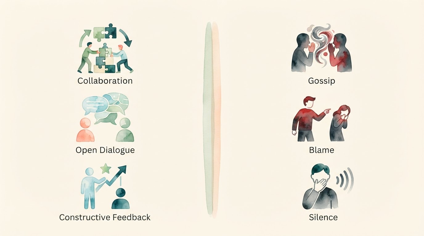 A table comparing healthy vs. toxic workplace communication
