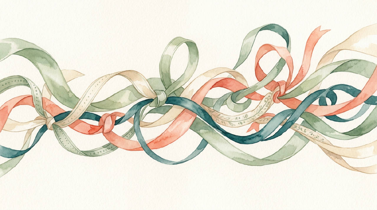 Editorial ribbons intertwined in pastel colors, magazine watercolor