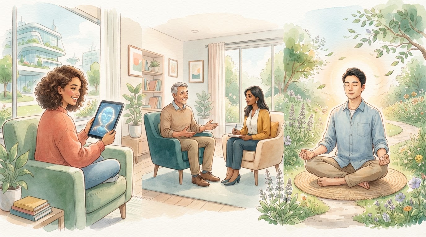 ilustración esperanzadora de diversas personas accediendo a salud mental de formas modernas