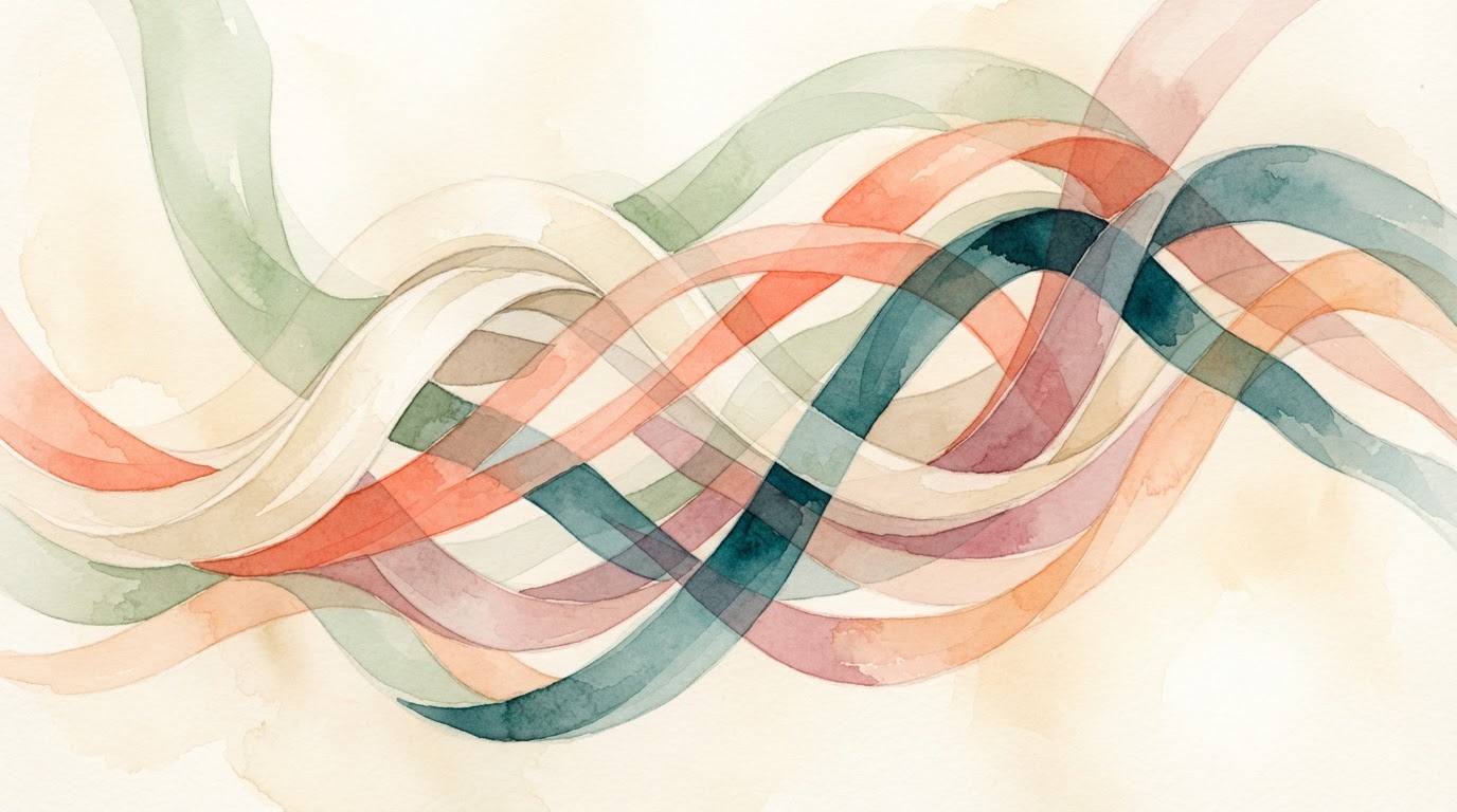 Abstract magazine cover of intertwined ribbons in pastel colors, editorial watercolor