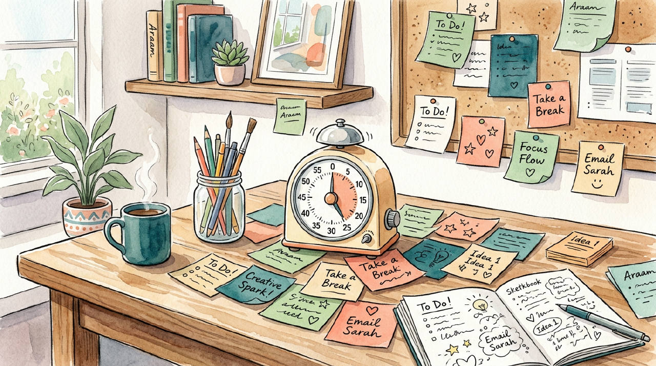 Desk with colorful sticky notes and timer, playful watercolor