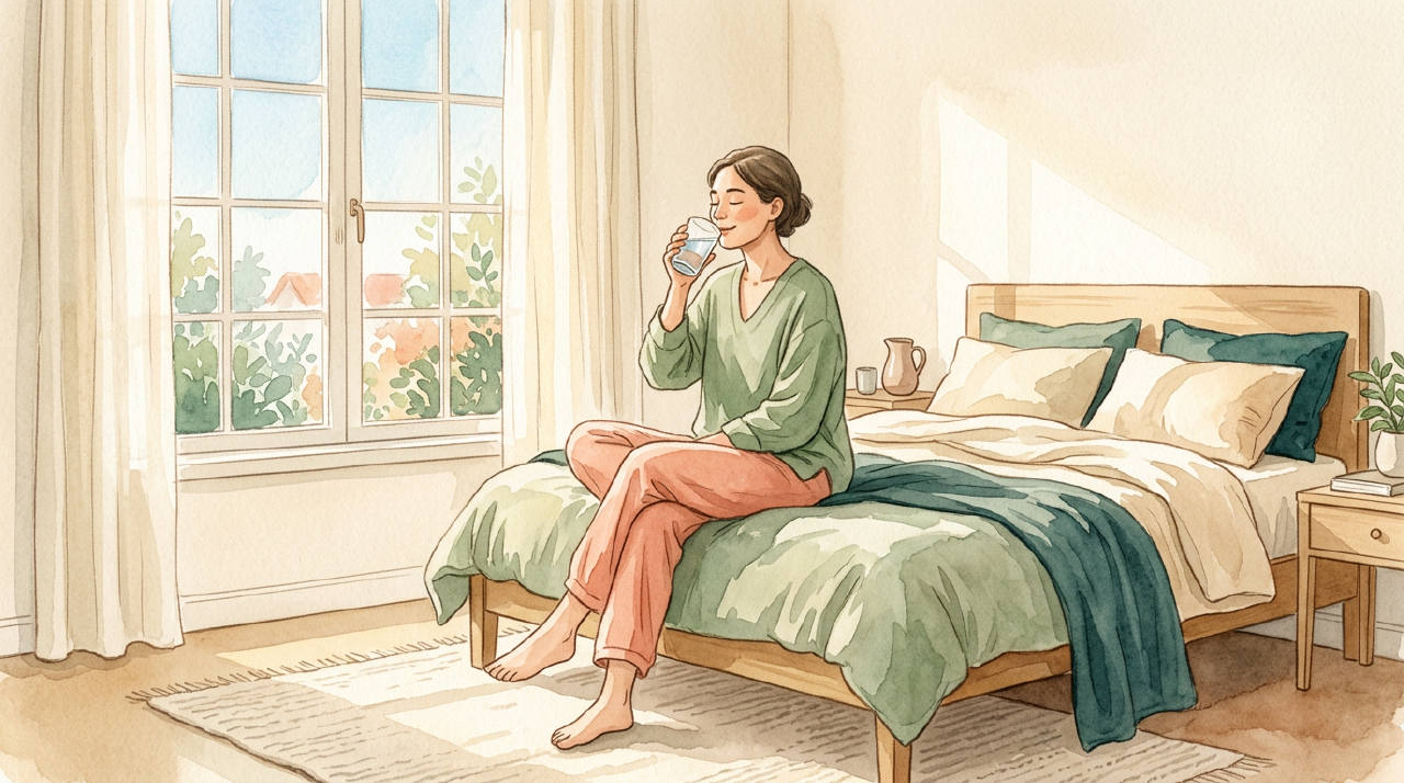 Una persona sentada en su cama, con la luz del sol entrando por la ventana, bebiendo un vaso de agua tranquilamente.