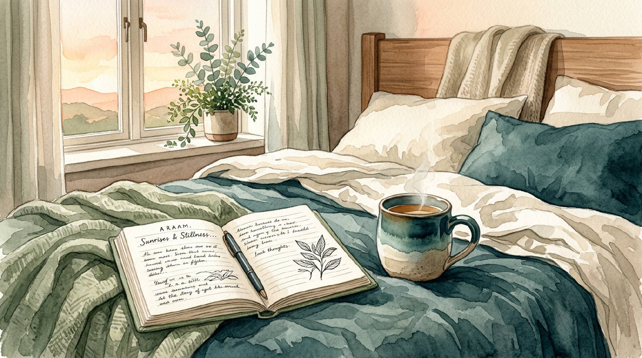 Calm sunrise editorial illustration of linen bed, tea mug and open journal, teal sage watercolor