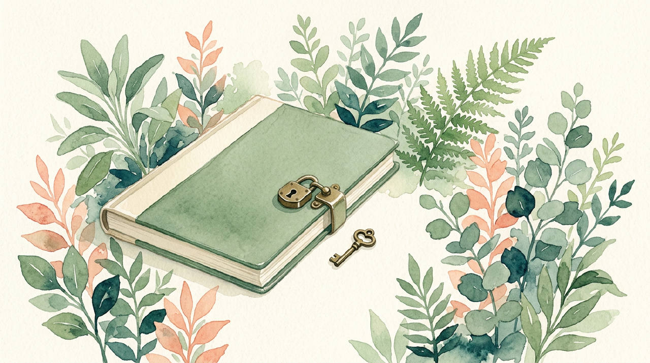 Minimalist locked journal with small key surrounded by green plants, sage cream watercolor