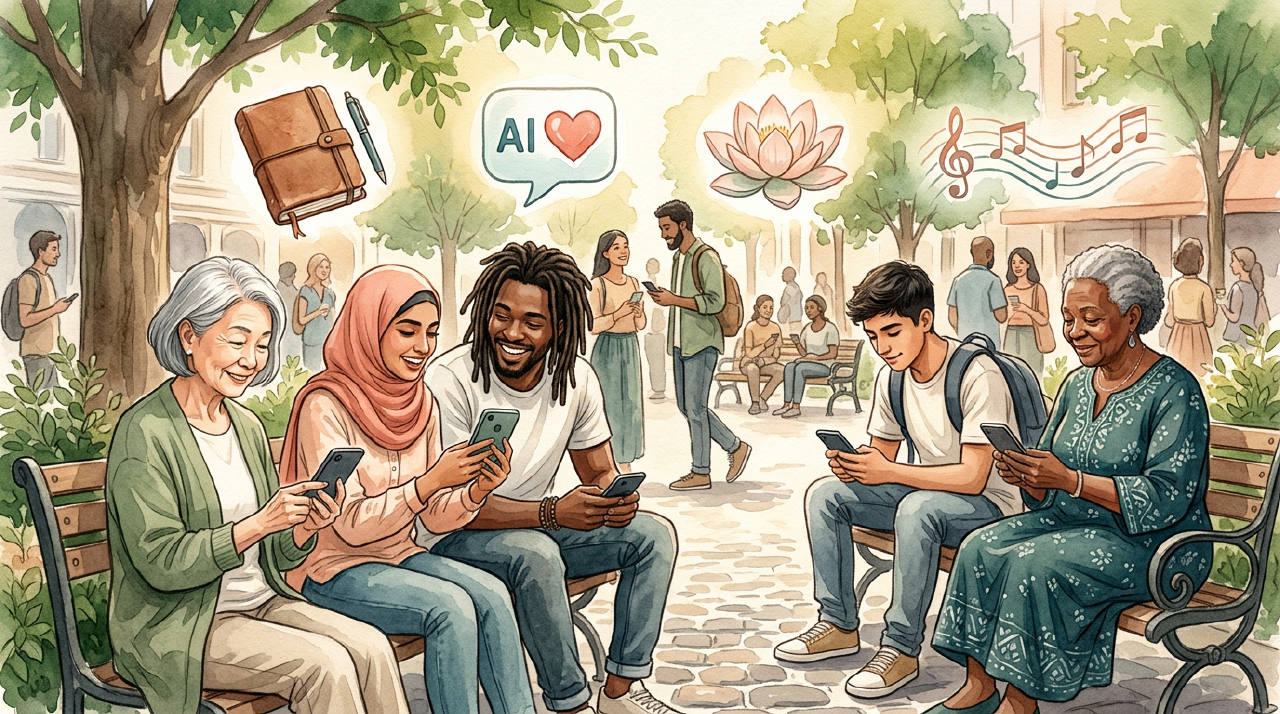 Grupo diverso de personas usando apps de bienestar