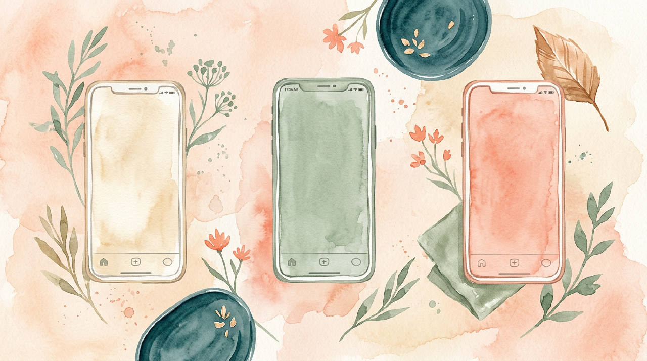 Editorial flat lay of three phone mockups on peach background, sage cream watercolor