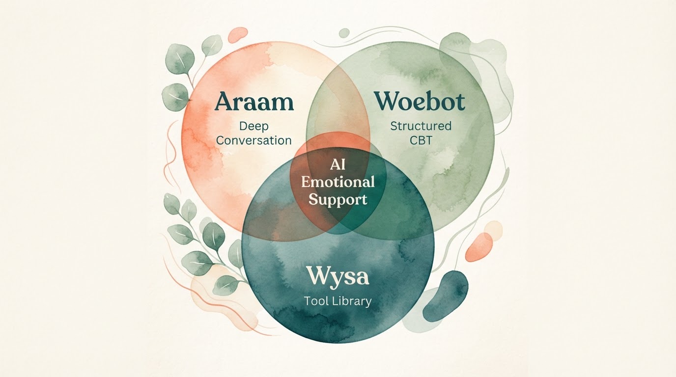 Diagrama de Venn estilizado con tres círculos superpuestos para Araam, Woebot y Wysa, mostrando sus áreas únicas y compartidas.