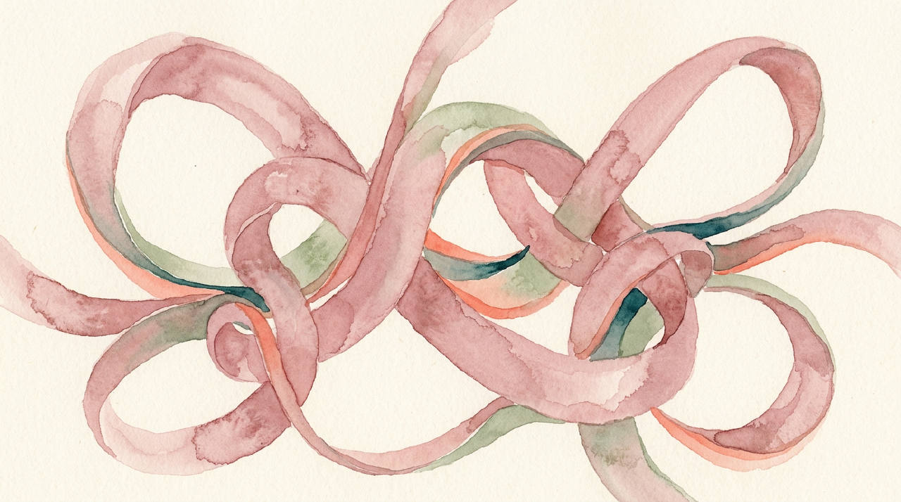 Abstract intertwined ribbons in dusty rose on cream, minimalist watercolor