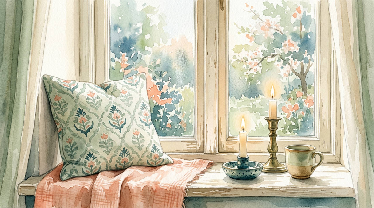Simple cushion by a window with morning light and candle, watercolor