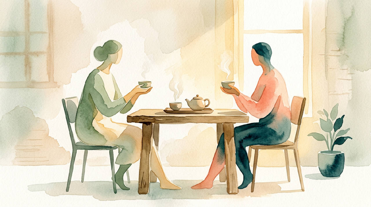 Two abstract figures sharing tea across a table with golden light, minimalist watercolor