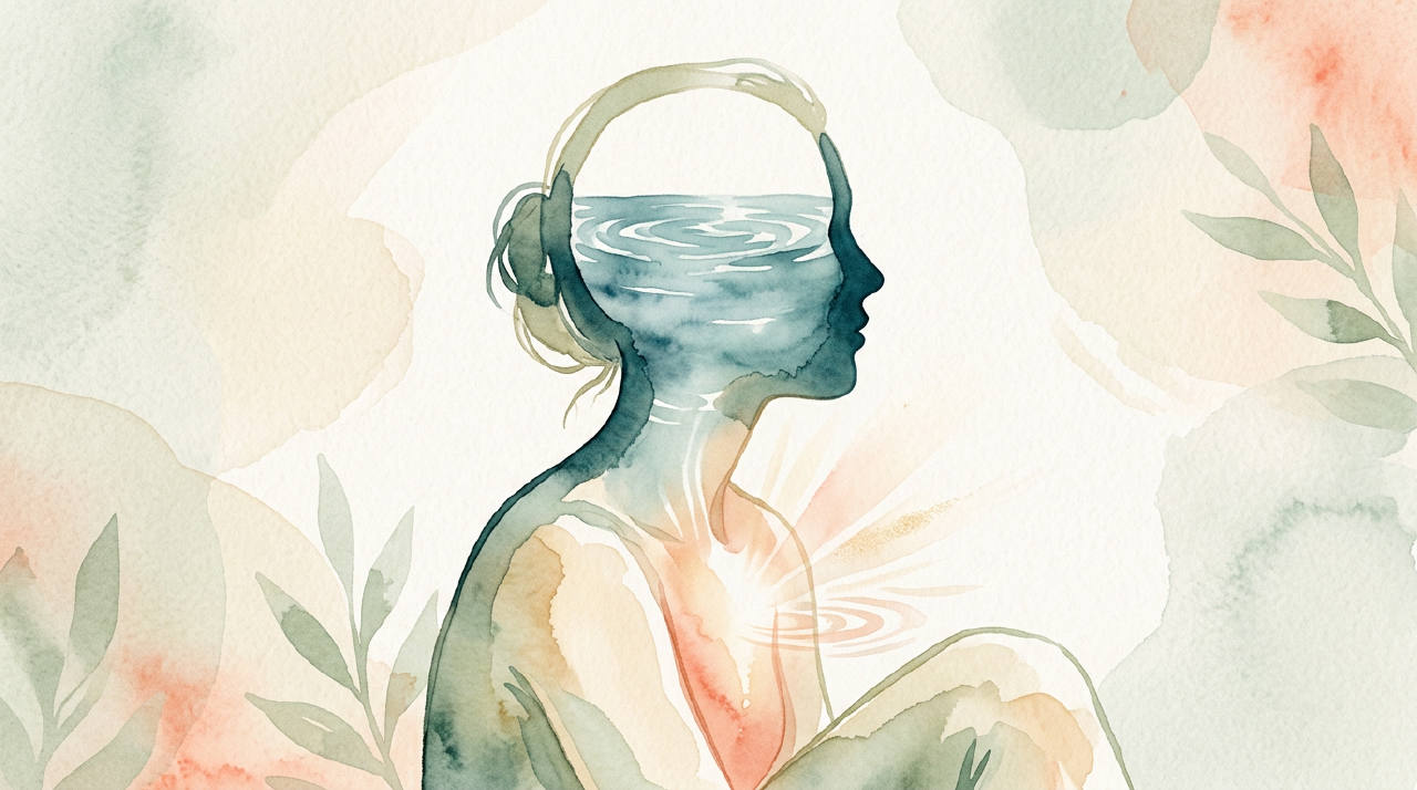 Ilustración minimalista de una silueta humana con ondas de agua tranquilas en la cabeza