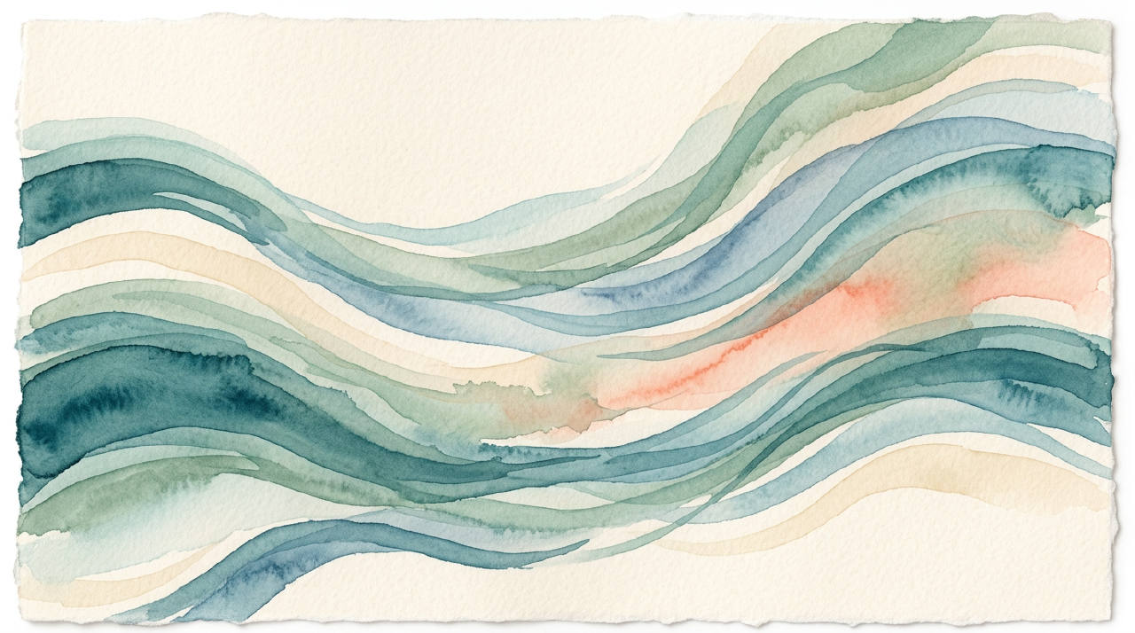Abstract calming watercolor of blue and teal ripples on soft cream background